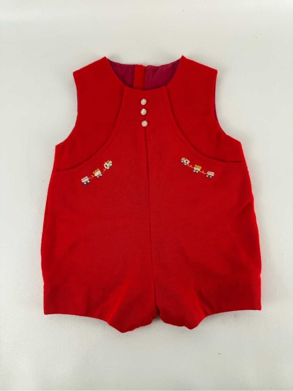 Vintage Red Knit Train Embroidered Sunsuit Romper One-Piece